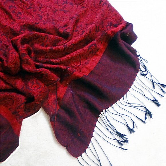 Pashmina - Reversable, Silk Blend, 90s Vintage, Red Black Exotic - Picture 4 of 11